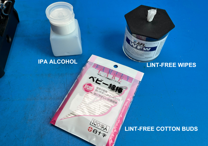 IPA alcohol (left), lint-free cotton buds (middle), lint-free wipes (right)